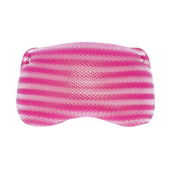 A pink striped pillow with a white stripe on it.