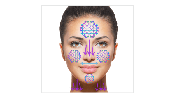 A woman with purple and blue geometric shapes on her face.