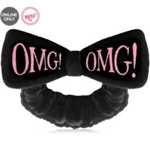 A black bow tie with pink lettering on it.